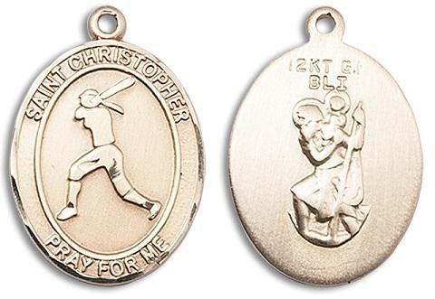 St Christopher Softball Medal - 14kt Gold Oval Pendant 3 Sizes