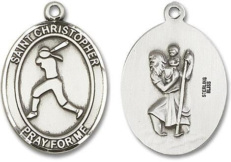 St Christopher Softball Medal - Sterling Silver Oval Pendant 3 Sizes
