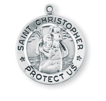 St Christopher Sterling Silver Medal On A 20 Stainless Chain - Sterling Silver 15/16 x 13/16 Round Pendant