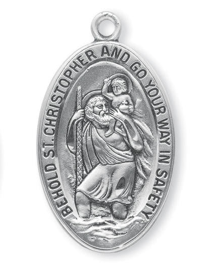 St Christopher Sterling Silver Medal On A 24 Stainless Chain - Sterling Silver 1 3/8 x 3/4 Oval Pendant