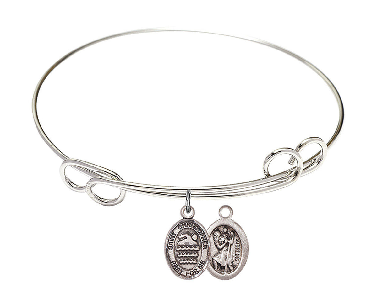 St Christopher - Swimming Double Loop Bangle Bracelet - Sterling Silver Charm