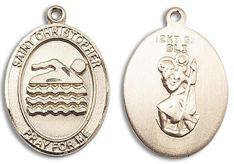 St Christopher Swimming Medal - 14kt Gold Oval Pendant 3 Sizes