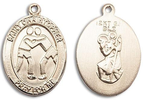 St Christopher Wrestling Medal - 14kt Gold Oval Pendant 3 Sizes