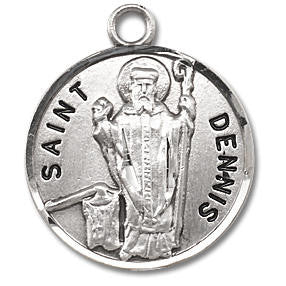 St. Dennis Medal - Sterling Silver - On 20" Stainless Chain - Sterling Silver 7/8" x 3/4" Round Pendant