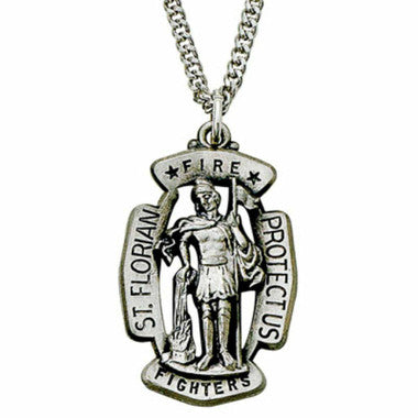 St. Florian Firefighter Necklace - Sterling Silver Medal On 24" Stainless Chain (SM9210SH)