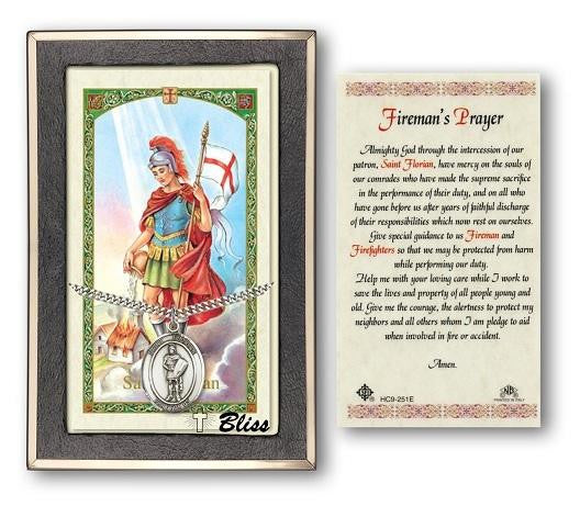 St Florian Medal With Firemans Prayer Card - Sterling Silver 1 x 3/4 Oval Pendant PC7034SS