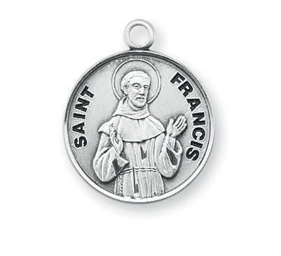 St Francis Medal - Sterling Silver - On 20 Stainless Chain - Sterling Silver 7/8 x 3/4 Round Pendant