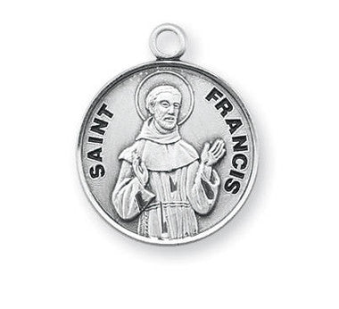 St. Francis Medal - Sterling Silver - On 20" Stainless Chain - Sterling Silver 7/8" x 3/4" Round Pendant