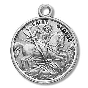 St George Medal - Sterling Silver - On 20 Stainless Chain - Sterling Silver 7/8 x 3/4 Round Pendant