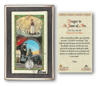St. Joan of Arc Medal With Prayer Card - Sterling Silver 3/4" x 1/2" Oval Pendant (PC8053SS)