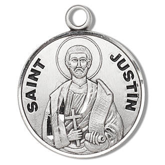 St. Justin Medal - Sterling Silver - On 20" Stainless Chain - Sterling Silver 7/8" x 3/4" Round Pendant