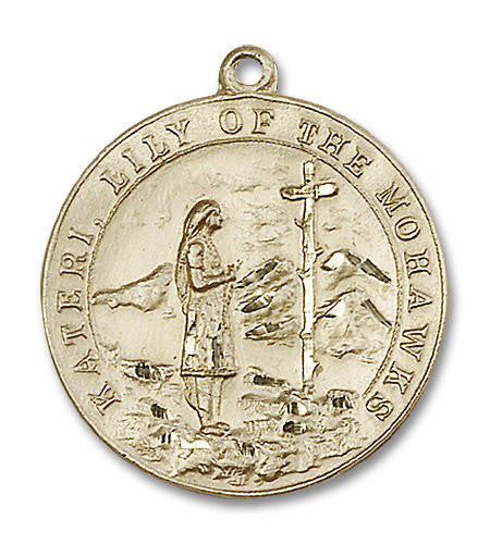 St Kateri Lily of the Mohawks Medal - 14kt Gold Round Pendant 2 Sizes