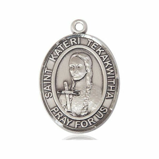 St Kateri Tekakwitha with Cross Medal - Sterling Silver Oval Pendant 3 Sizes