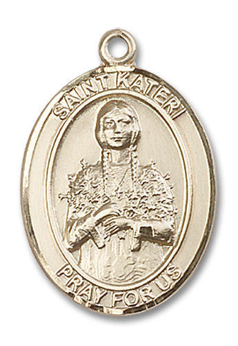 St Kateri Tekakwitha with Flowers Medal - 14kt Gold Oval Pendant 3 Sizes