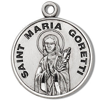 St. Maria Goretti Medal - Sterling Silver - On 18" Stainless Chain - Sterling Silver 7/8" x 3/4" Round Pendant