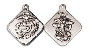 St. Michael Marines Medal - Sterling Silver 3/4" x 5/8" Diamond Shaped Pendant (1180SS4)