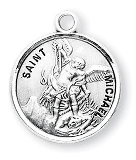 St. Michael Medal - Sterling Silver - On 20" Stainless Chain - Sterling Silver 7/8" x 3/4" Round Pendant