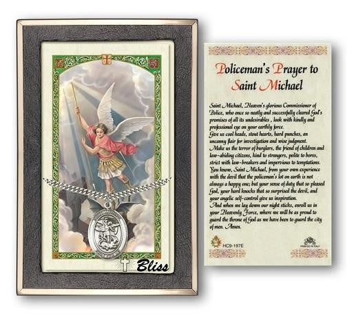 St Michael Medal With Prayer Card - Sterling Silver 1 x 3/4 Oval Pendant PC7076SS