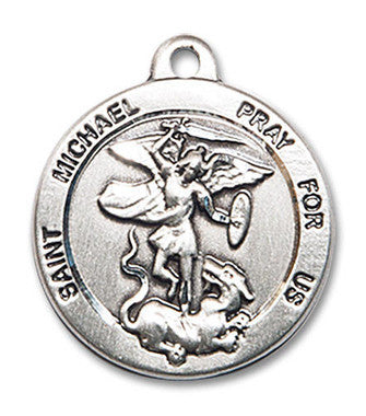 St. Michael Pray For Us Medal - Sterling Silver 7/8" x 3/4" Round Pendant (0343SS)