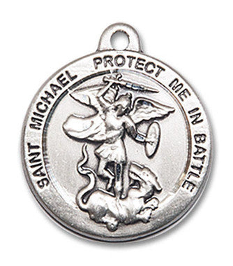 St. Michael Protect Me in Battle Medal - Sterling Silver 7/8" x 3/4" Round Pendant (0344SS)
