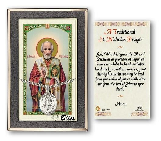 St Nicholas Medal With Prayer Card - Sterling Silver 1 x 3/4 Oval Pendant PC7080SS