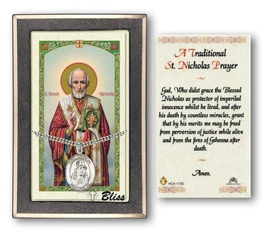 St. Nicholas Medal With Prayer Card - Sterling Silver 1" x 3/4" Oval Pendant (PC7080SS)