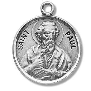 St. Paul Medal - Sterling Silver - On 20" Stainless Chain - Sterling Silver 7/8" x 3/4" Round Pendant