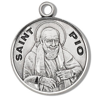 St Pio Medal - Sterling Silver - On 20 Stainless Chain - Sterling Silver 7/8 x 3/4 Round Pendant