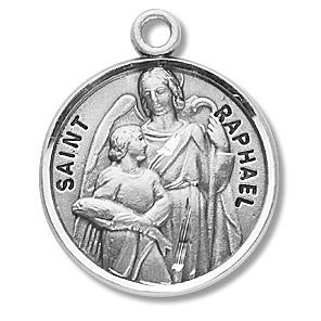 St Raphael Medal - Sterling Silver - On 20 Stainless Chain - Sterling Silver 7/8 x 3/4 Round Pendant