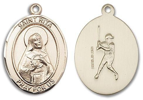 St Rita Baseball Medal - 14kt Gold Oval Pendant 3 Sizes