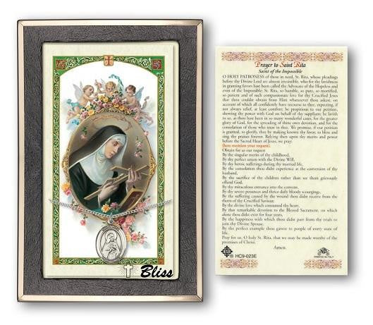 St Rita of Cascia Medal With Prayer Card - Sterling Silver 3/4 x 1/2 Oval Pendant PC8094SS