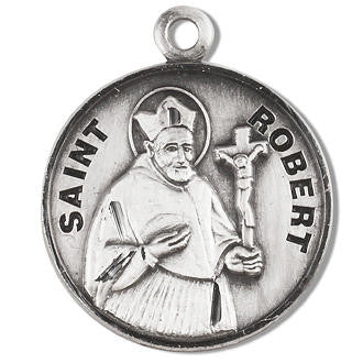 St. Robert Medal - Sterling Silver - On 20" Stainless Chain - Sterling Silver 7/8" x 3/4" Round Pendant