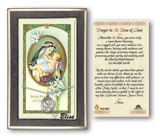 St Rose of Lima Medal With Prayer Card - Sterling Silver 3/4 x 1/2 Oval Pendant PC8095SS