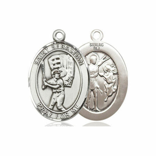 St Sebastian Baseball Medal - Sterling Silver Oval Pendant 2 Sizes