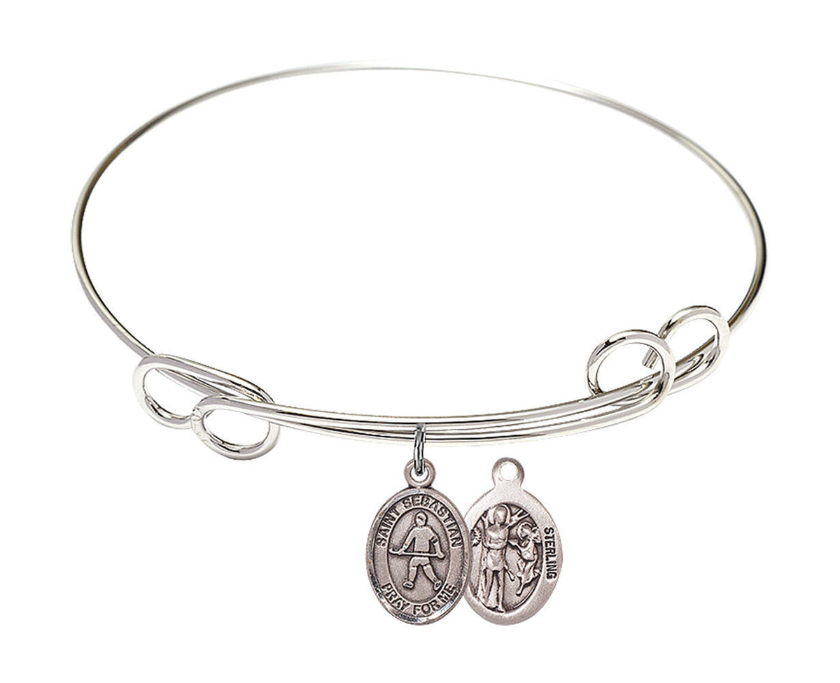 St Sebastian - Field Hockey Double Loop Bangle Bracelet - Sterling Silver Charm