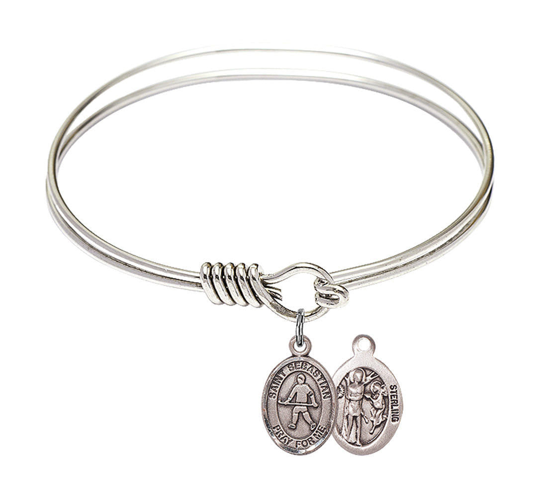 St Sebastian - Field Hockey Round Eye Hook Bangle Bracelet - Sterling Silver Charm - 6.25 Inch 9178SS