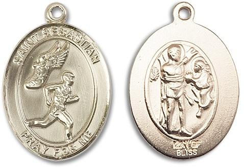 St Sebastian Mens Track and Field Medal - 14kt Gold Oval Pendant 2 Sizes