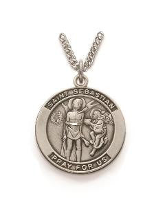 St Sebastian Necklace - Sterling Silver Round Medal on 24 Stainless Chain SM8244SH