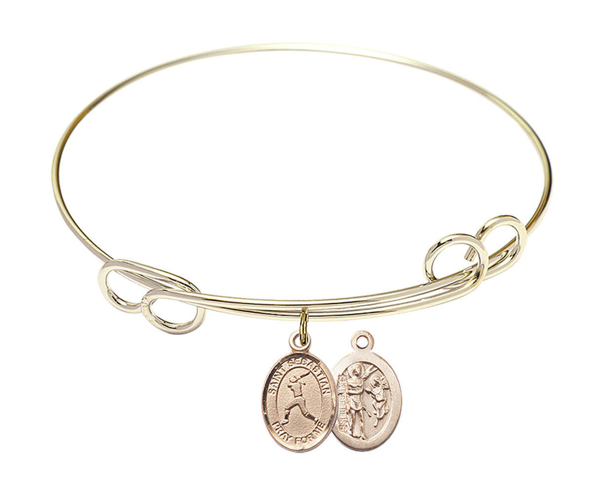 St Sebastian - Softball Double Loop Bangle Bracelet - Gold-Filled Charm