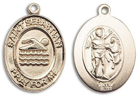 St Sebastian Swimming Medal - 14kt Gold Oval Pendant 3 Sizes