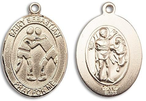 St Sebastian Wrestling Medal Medal - 14kt Gold Oval Pendant 3 Sizes