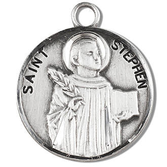 St Stephen Medal - Sterling Silver - On 20 Stainless Chain - Sterling Silver 7/8 x 3/4 Round Pendant