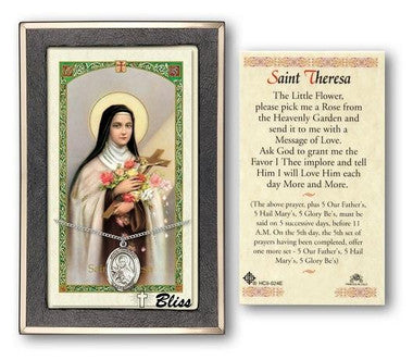 St. Theresa Medal With Prayer Card - Sterling Silver 3/4" x 1/2" Oval Pendant (PC8106SS)