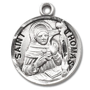 St Thomas Aquinas Medal - Sterling Silver - On 20 Stainless Chain - Sterling Silver 7/8 x 3/4 Round Pendant