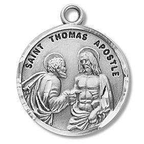 St. Thomas The Apostle Medal - Sterling Silver - On 20" Stainless Chain - Sterling Silver 7/8" x 3/4" Round Pendant