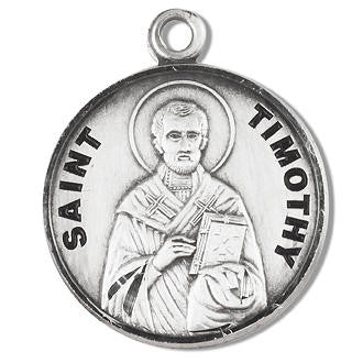 St Timothy Medal - Sterling Silver - On 20 Stainless Chain - Sterling Silver 7/8 x 3/4 Round Pendant