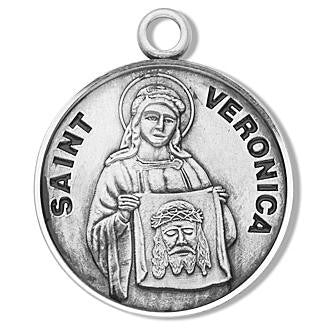 St Veronica Medal On 18 Stainless Chain - Sterling Silver 7/8 x 3/4 Round Pendant