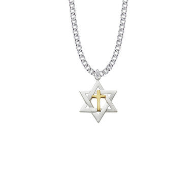 Star Of David With Cross Necklace - Sterling Silver Two Tone Pendant On 24" Stainless Chain (SM7894SH)
