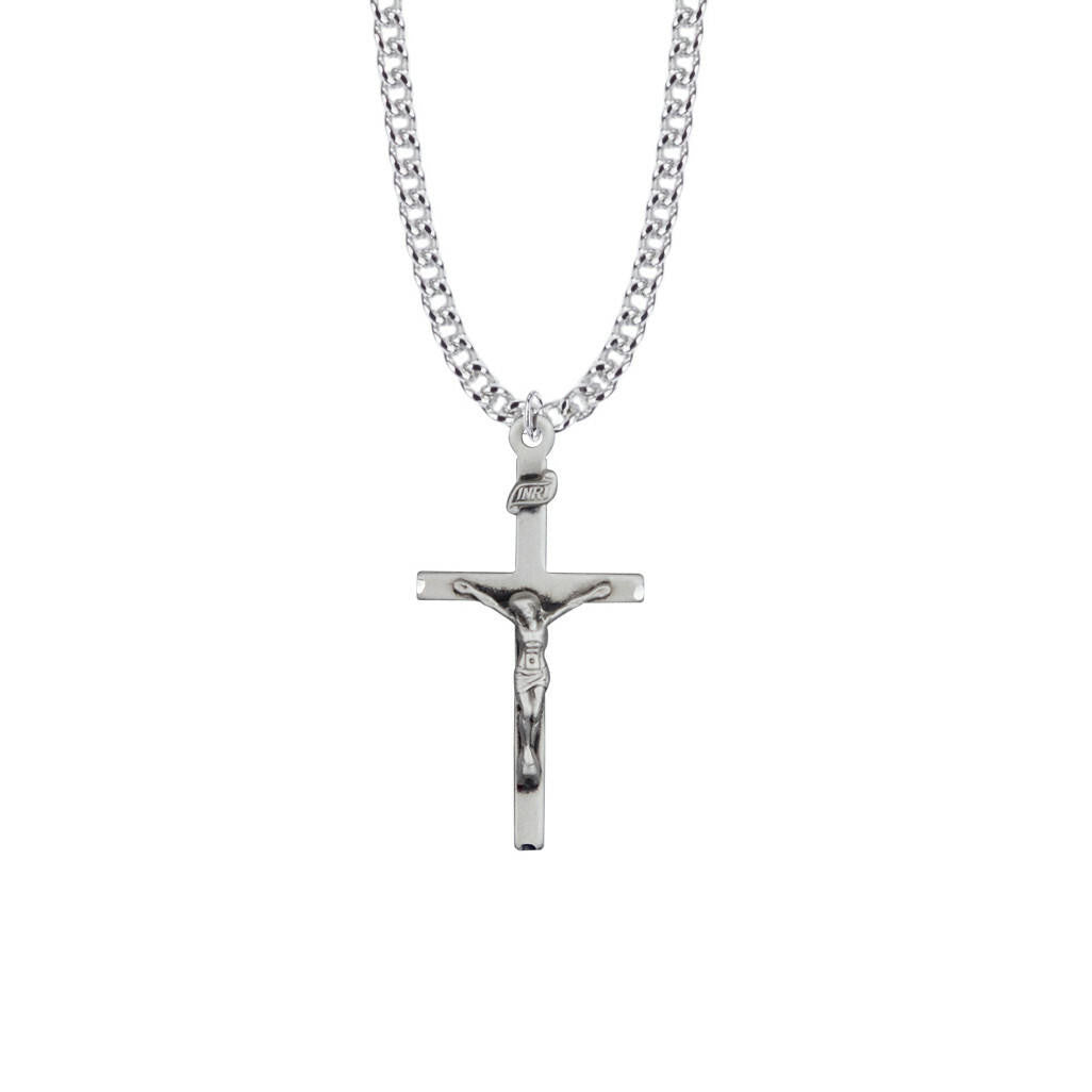 Straight Mens Crucifix Necklace - Sterling Silver Pendant On 24 Stainless Steel Chain SX7843SH