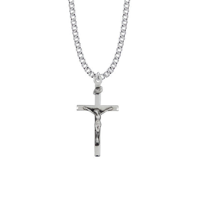 Straight Mens Crucifix Necklace - Sterling Silver Pendant On 24 Stainless Steel Chain SX7843SH